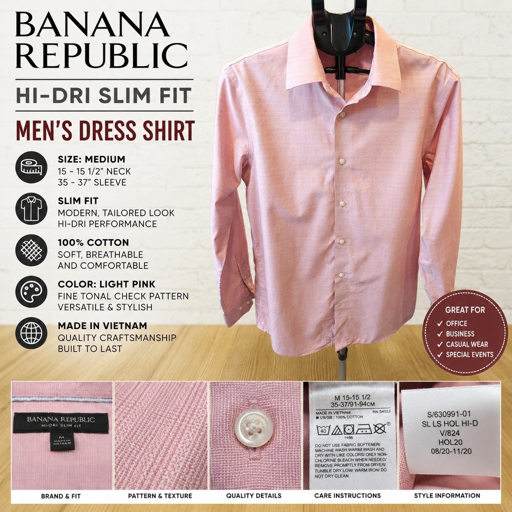 Banana Republic Hi-Dri Slim Fit Dress Shirt Pink Check 15-15.5 35-37 S/630991